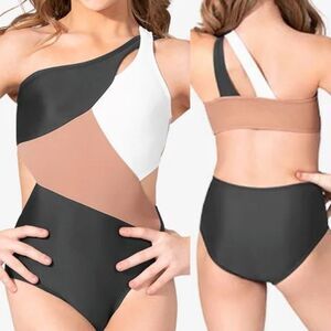 LUMI COLLECTIVE tan gray Color Block Peek-A-Boo Leotard (LUM101) Dance costume L